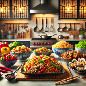 DALL·E 2024-08-31 18.39.26 - A vibrant kitchen scene featuring a variety of authentic Chinese dishes, including stir-fried noodles, spicy clams, and beef with vegetables, all arra
